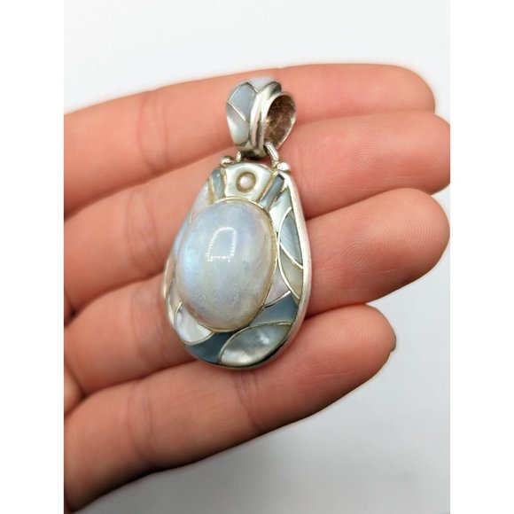 Ed Lohman Sterling Silver Rainbow Moonstone Mother Of Pearl MOP Inlay Pendant - Picture 5 of 10